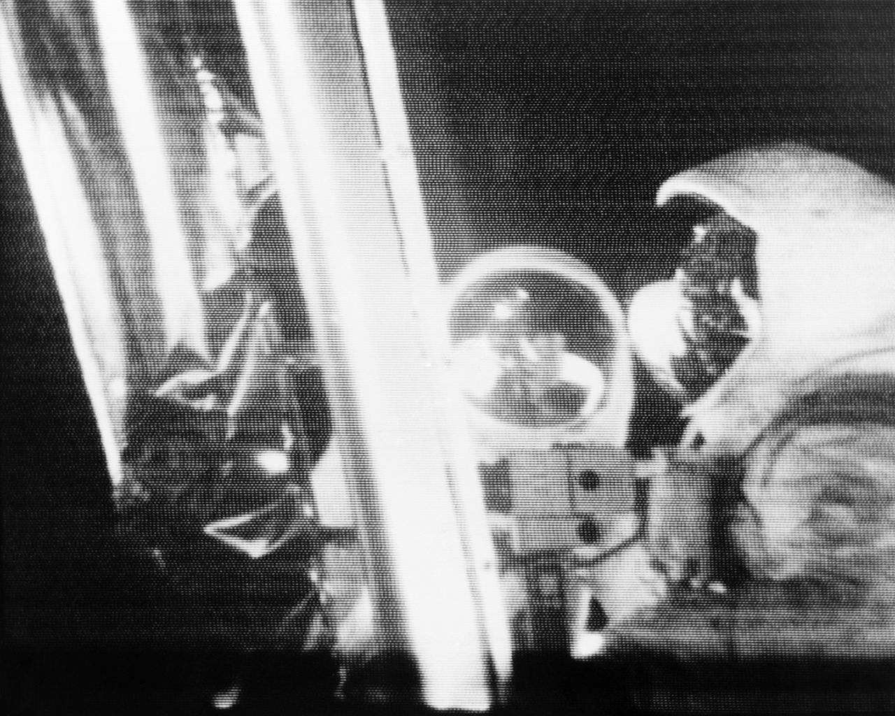 Grainy television frame of Armstrong and Aldrin at the lunar module