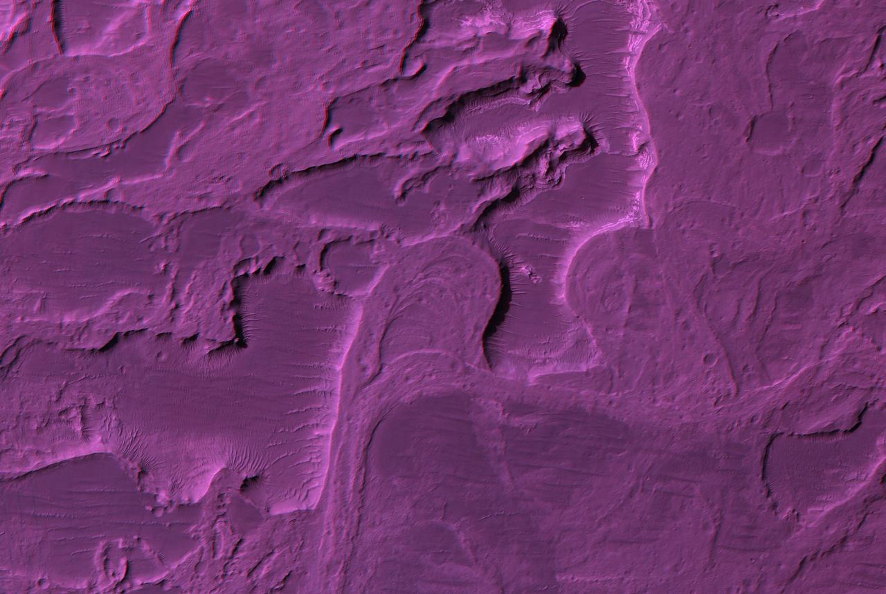 Violet stereo anaglyph of river meanders on Mars
