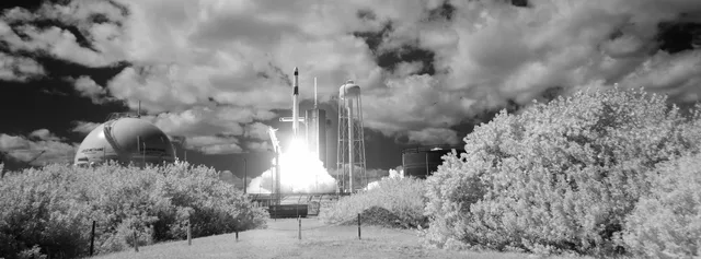 A rocket rising above trees and billowing launch clouds.