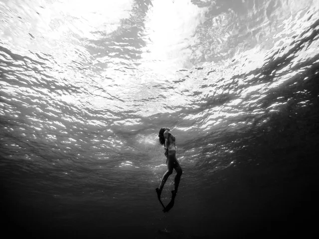 A lone swimmer suspended beneath a rippling sunlit water surface.